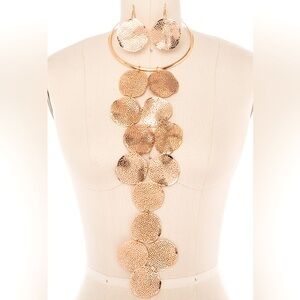 Gold Long Textured Disc Statement Necklace Set